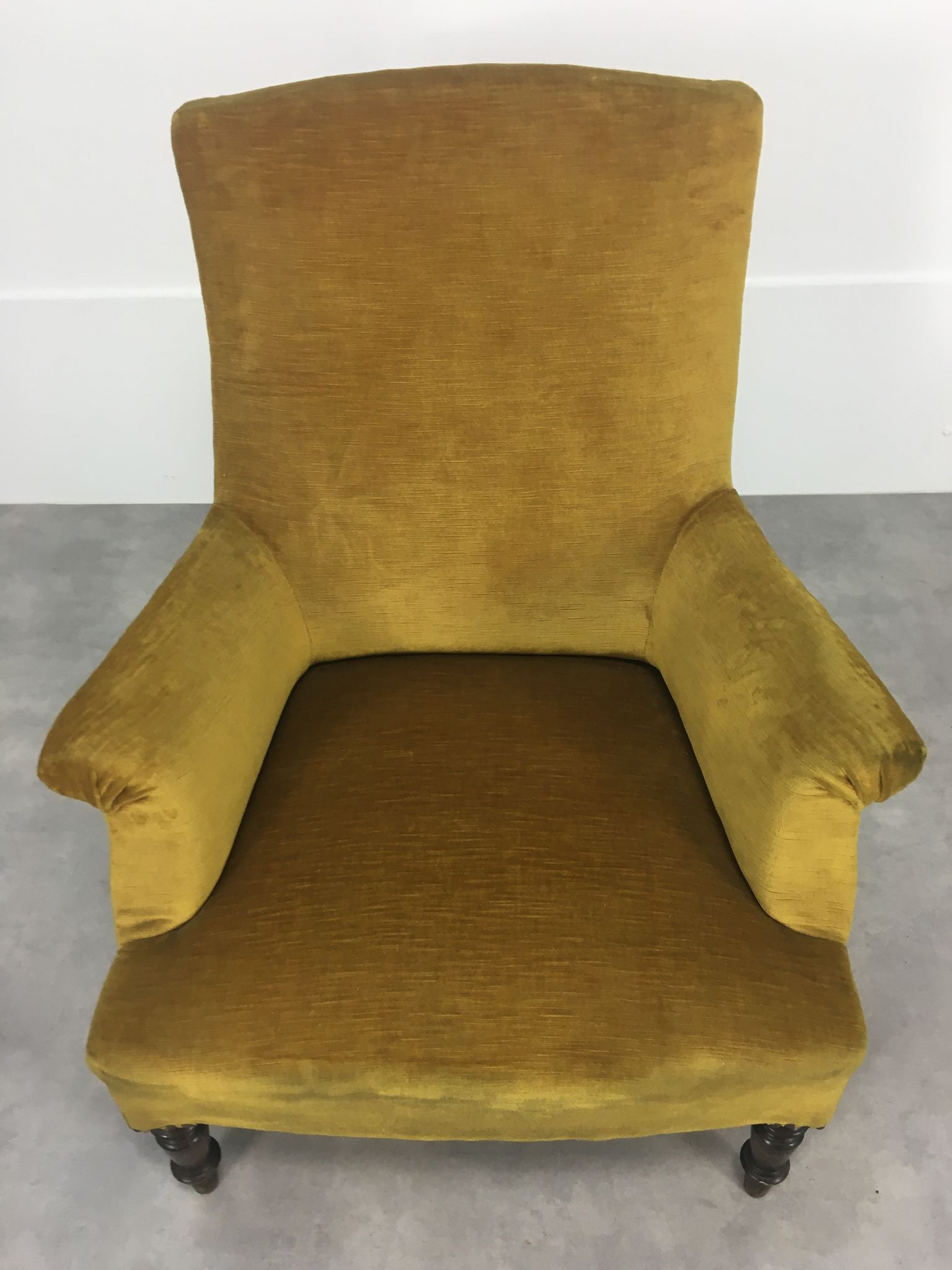 English armchair Napoleon III in mustard yellow velvet