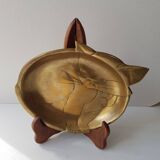 Brass pocket tray representing a cat with wooden display