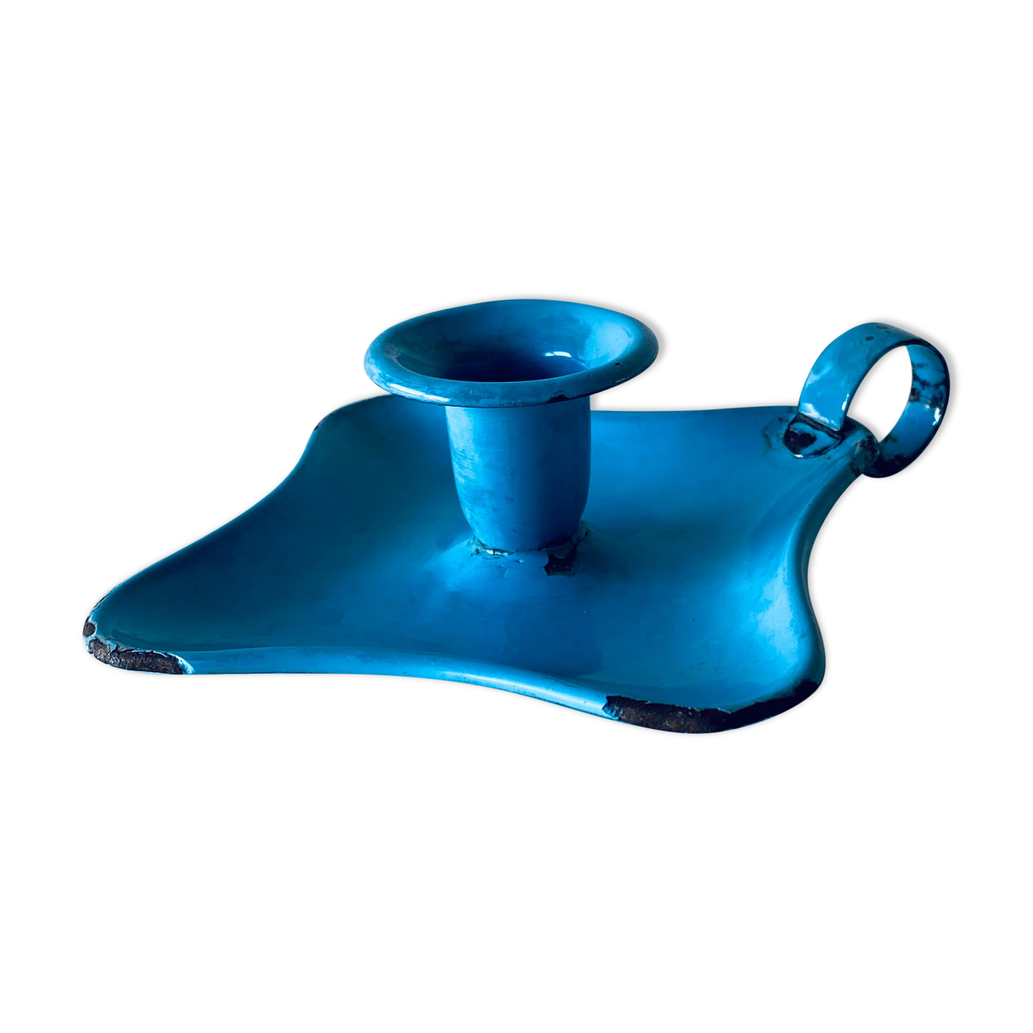 Old sky blue enamelled candle holder