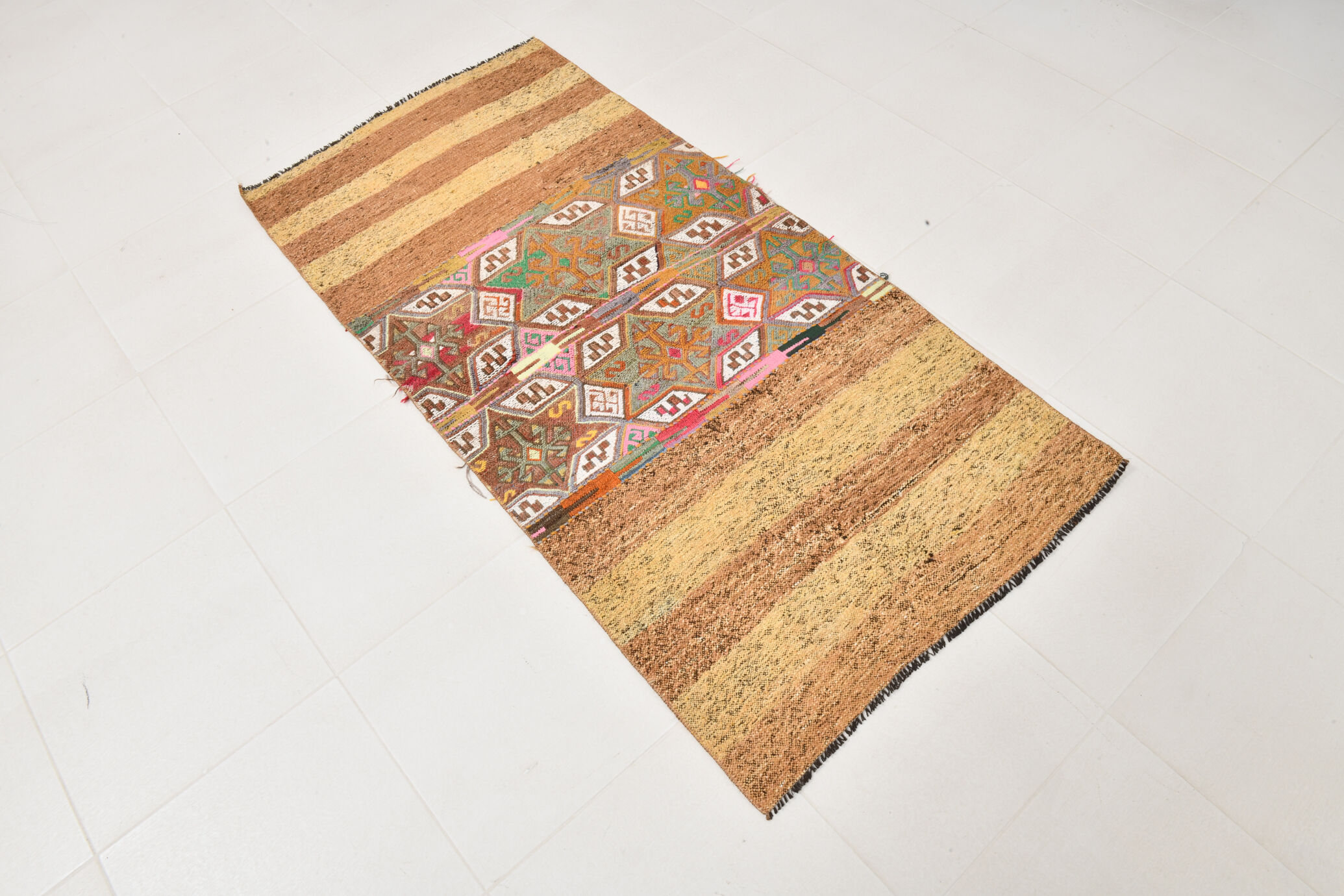 3x6 Light Yellow & Brown Turkish Kilim Rug, 83x173