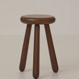 Vintage French tripod brutalist stool in solid wood (oak) C. 1960