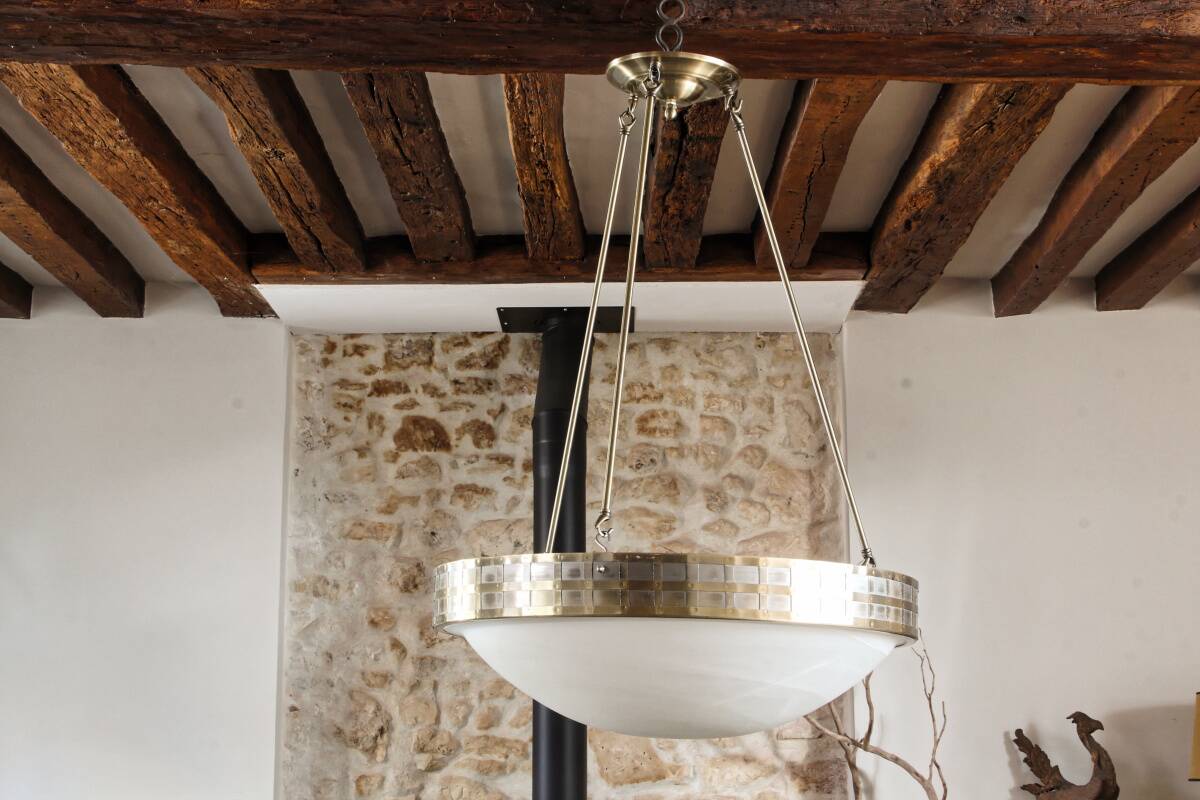 Large suspension art deco style, glass, aged brass finish.