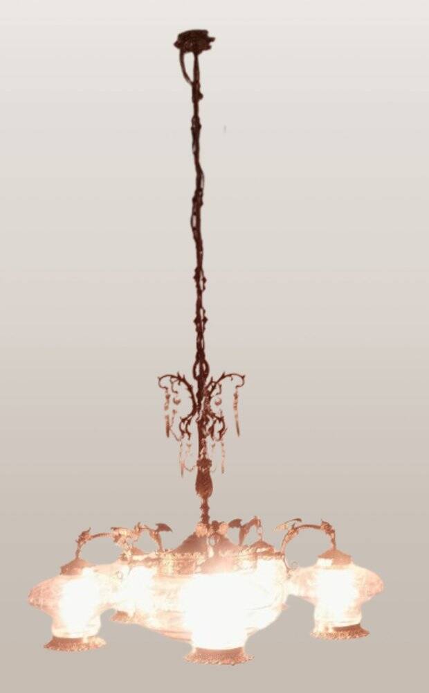 Large Gothic brass chandelier with 6 lights, 1940s.