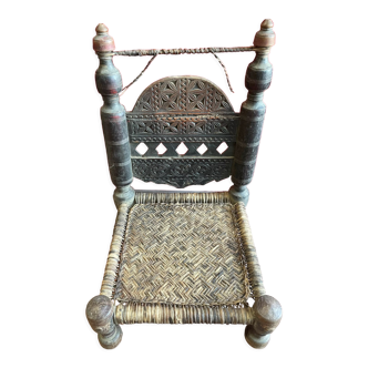 Pakistan Old Swat Valley Carved walnut wood low chair woven leather seat