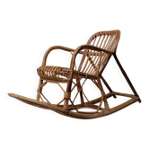 Chaise berçante en bambou vintage pour enfants - osier brun miel chaud avec cadre en rotin, design boho des années 70 italien.