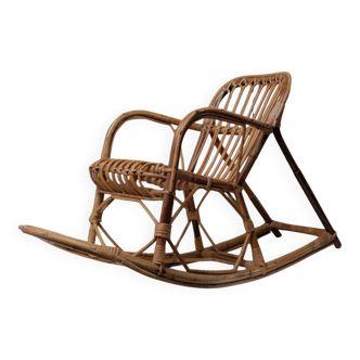 Vintage bamboo rocking chair for children - warm honey-brown cane with rattan frame, Boho mid-century Italian design (1970s)
