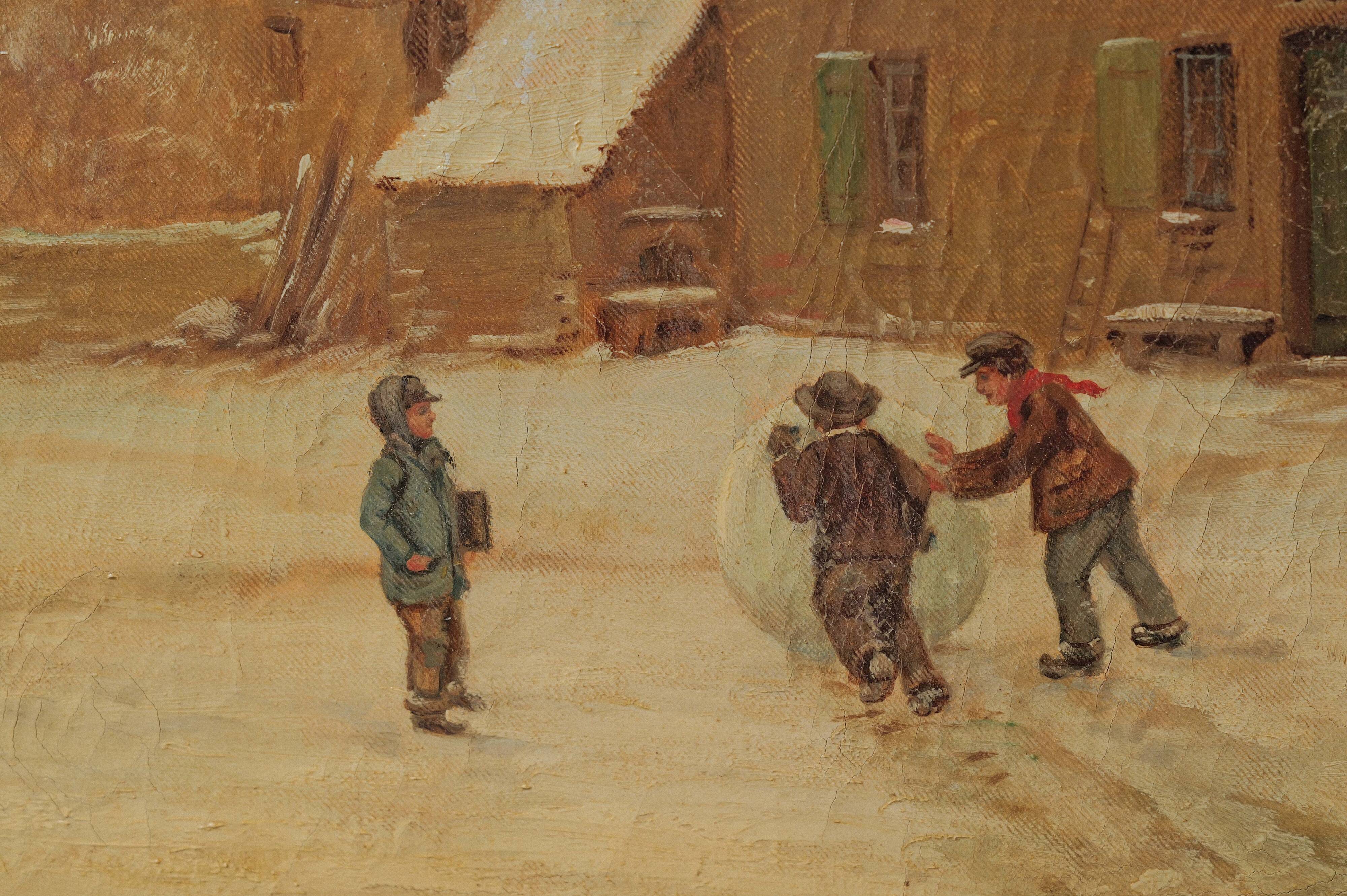 Children playing in the snow, oil on canvas, signed, circa 1900