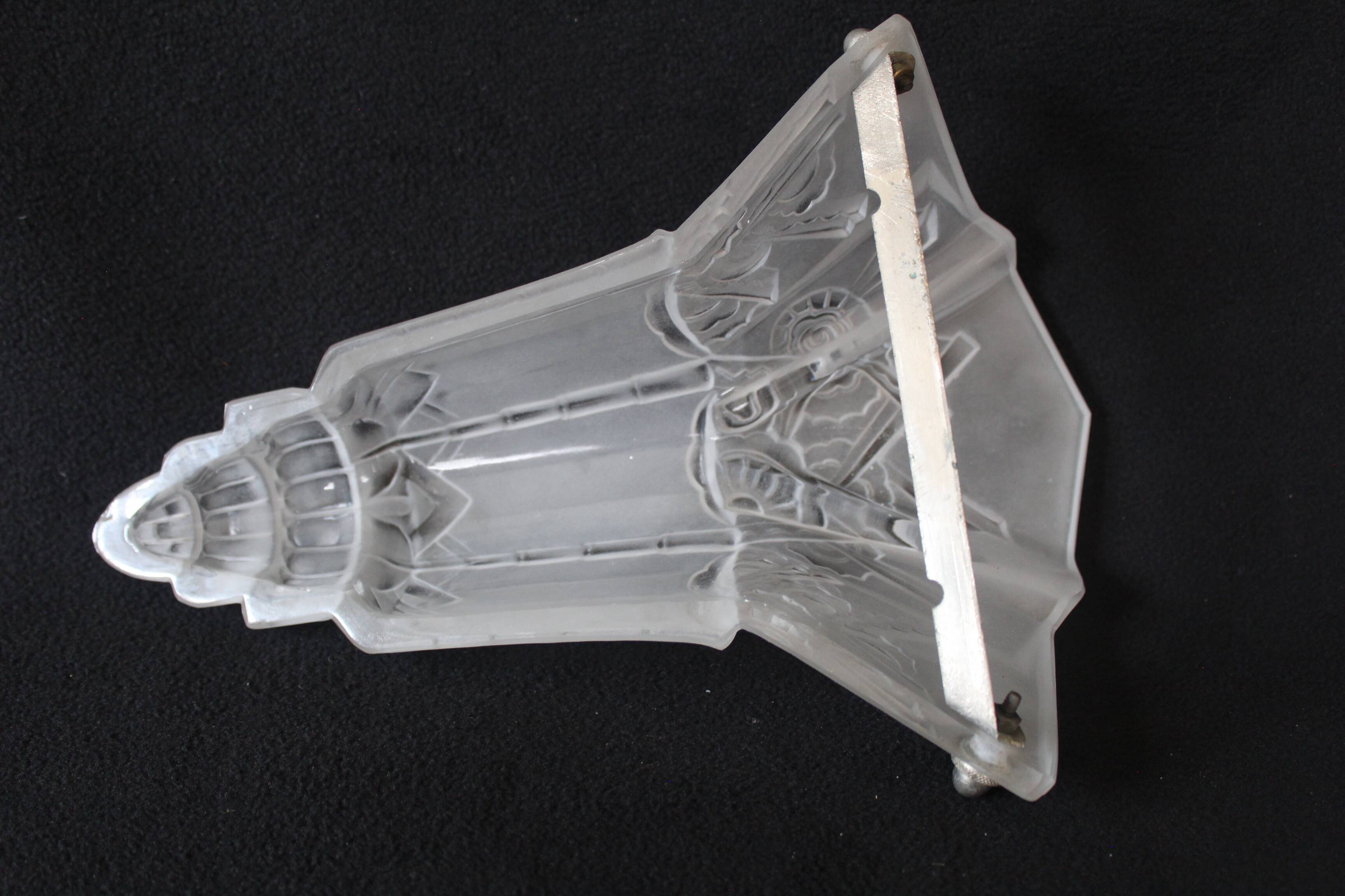 Grand abat-jour Art Déco en verre dépoli, motif floral géométrique