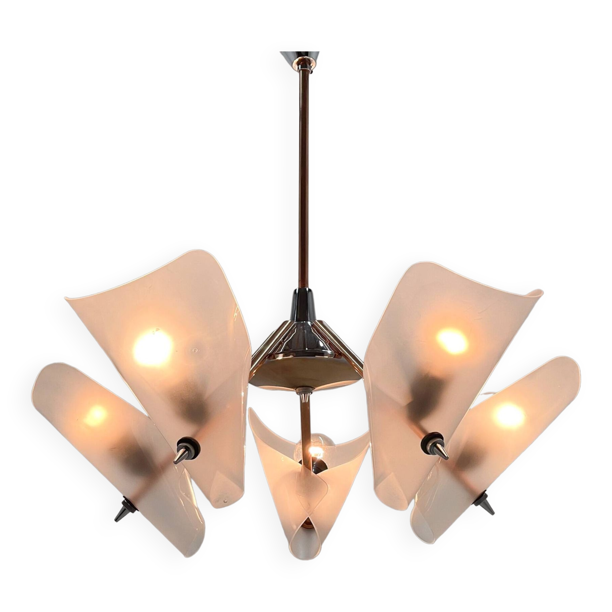 Mid-century chrome, copper & plastic chandelier by drukov, 1970s / 2 pieces avl