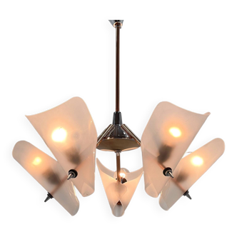 Mid-century chrome, copper & plastic chandelier by drukov, 1970s / 2 pieces avl