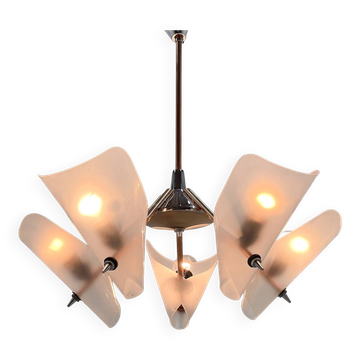 Mid-century chrome, copper & plastic chandelier by drukov, 1970s / 2 pieces avl