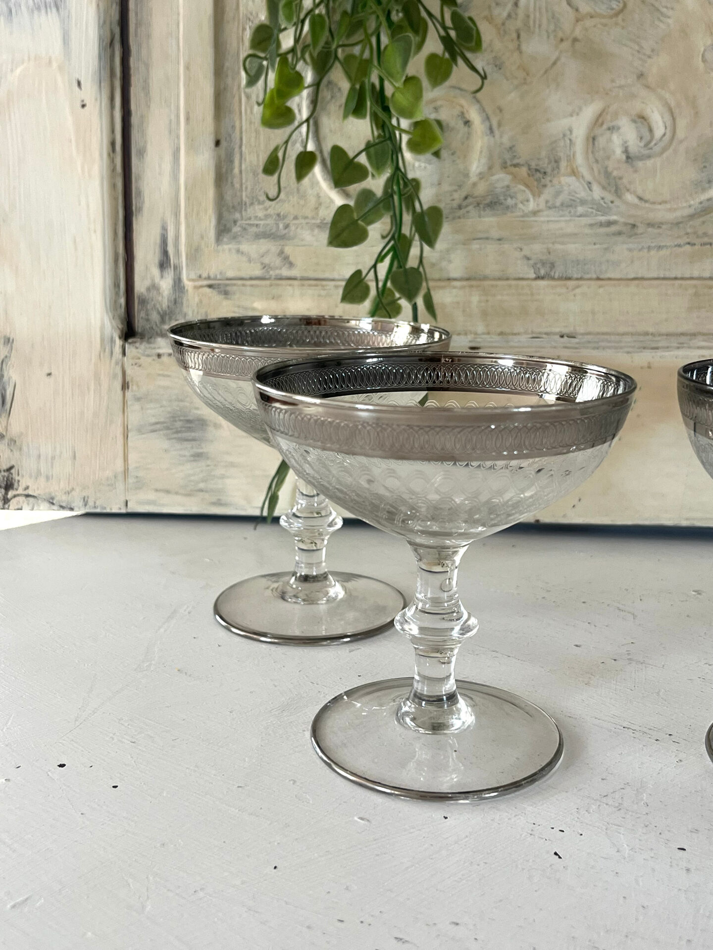 Etched silver rim cocktail coupe glasses set mid century barware