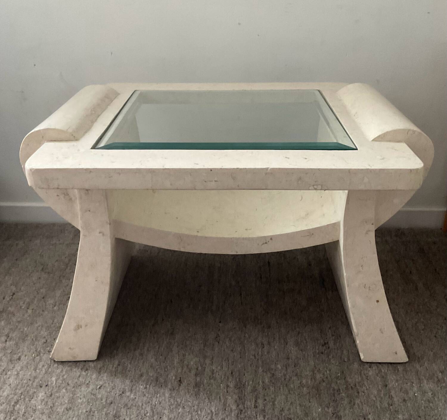 Vintage travertine and beveled glass coffee table