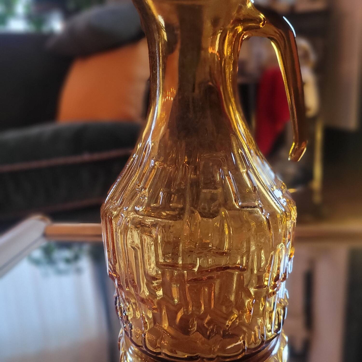 Amber relief glass pitcher. 1970s