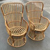 Ensemble de deux fauteuils en rotin du milieu du siècle par Bonacina 1950 Design
