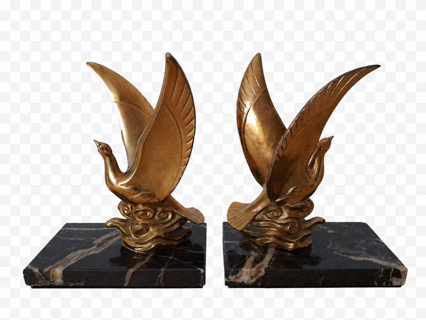 Pair of golden bird bookends on veined marble – Mid-Century vintage