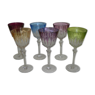 6 verres de couleur en cristal de Lorraine très haut 20cm