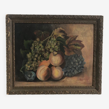 Ancienne peinture à l’huile nature morte aux raisins signée