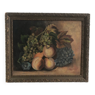 Ancienne peinture à l’huile nature morte aux raisins signée