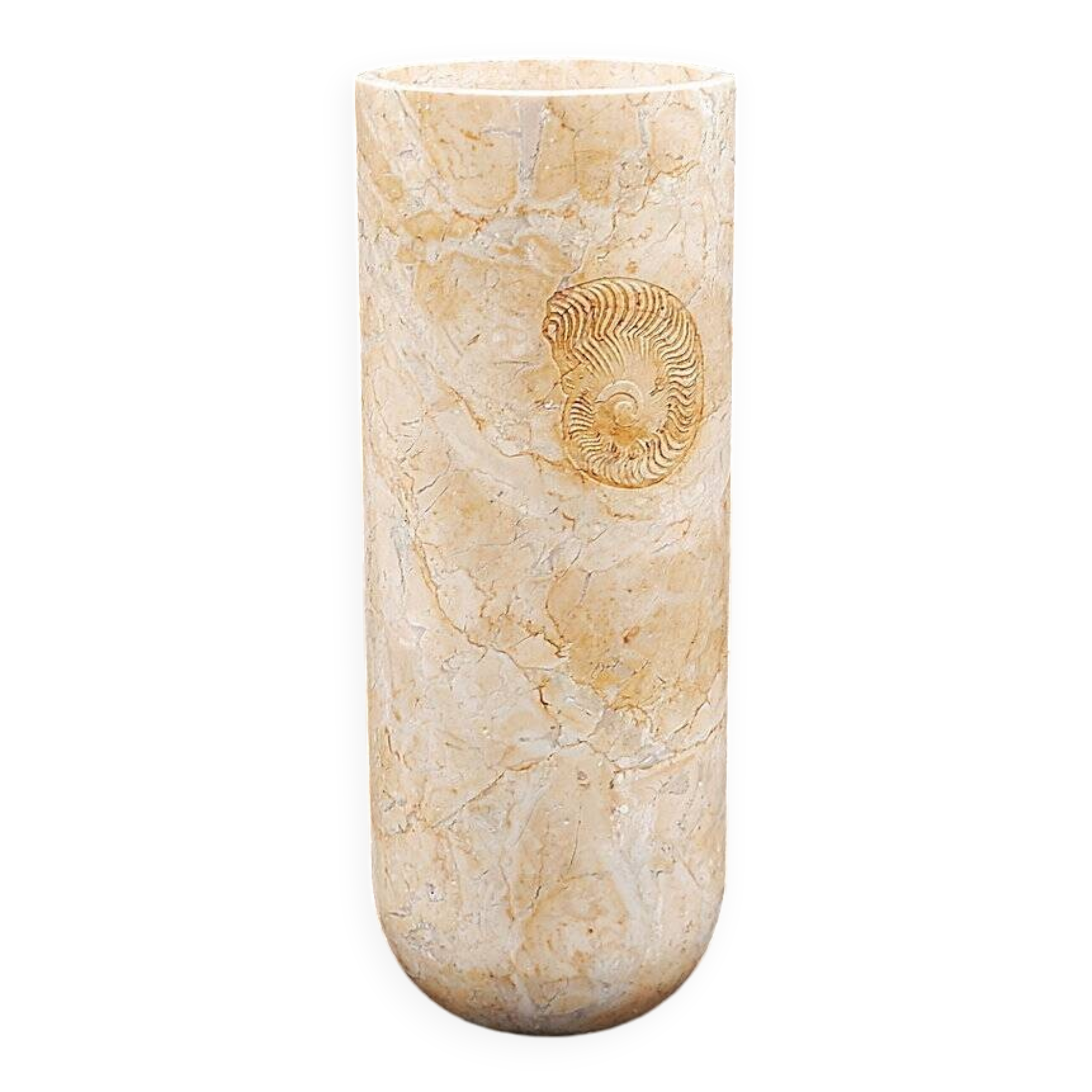 Cylindrical marble vase with fossil motif