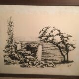 Illustration/signed paper print, framed, 60s/70s