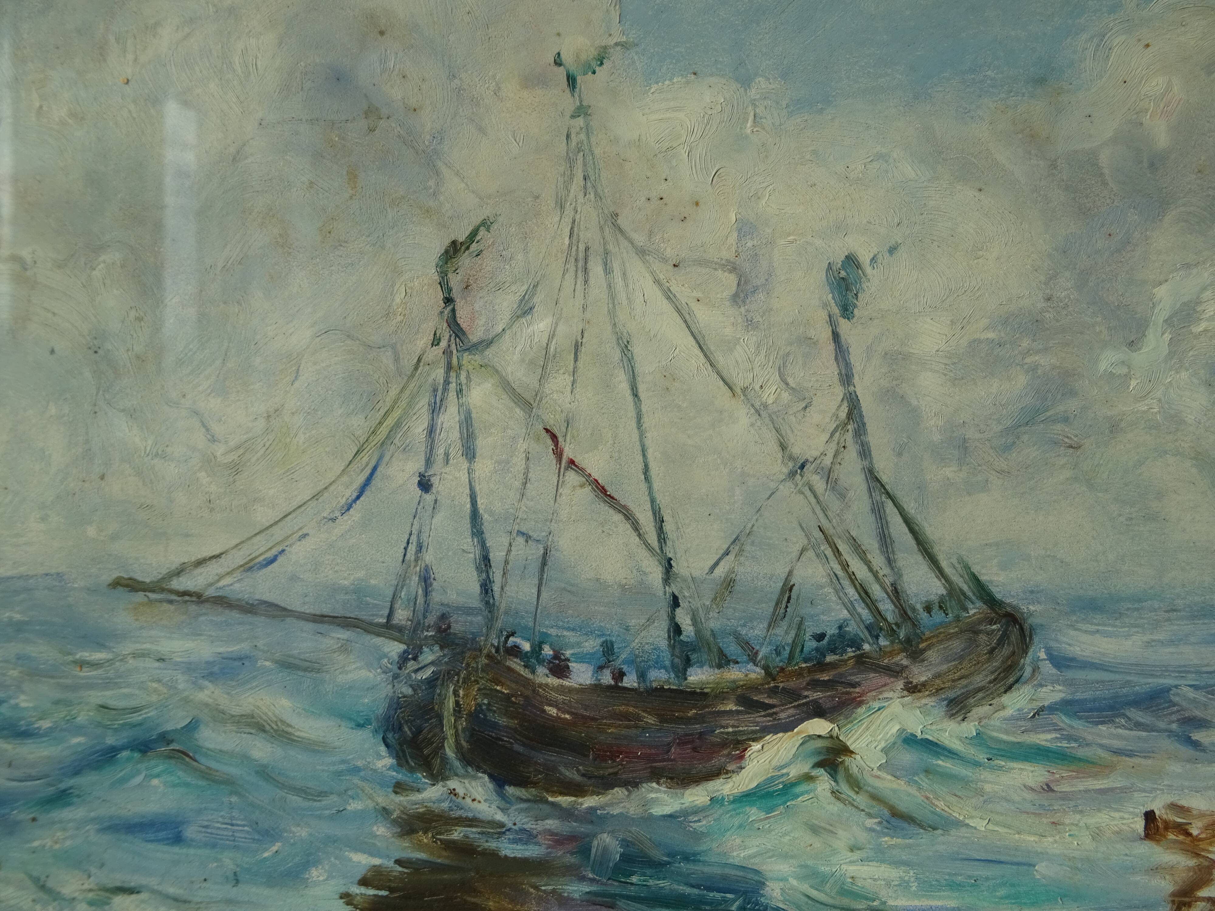 Old painting boat at sea signed