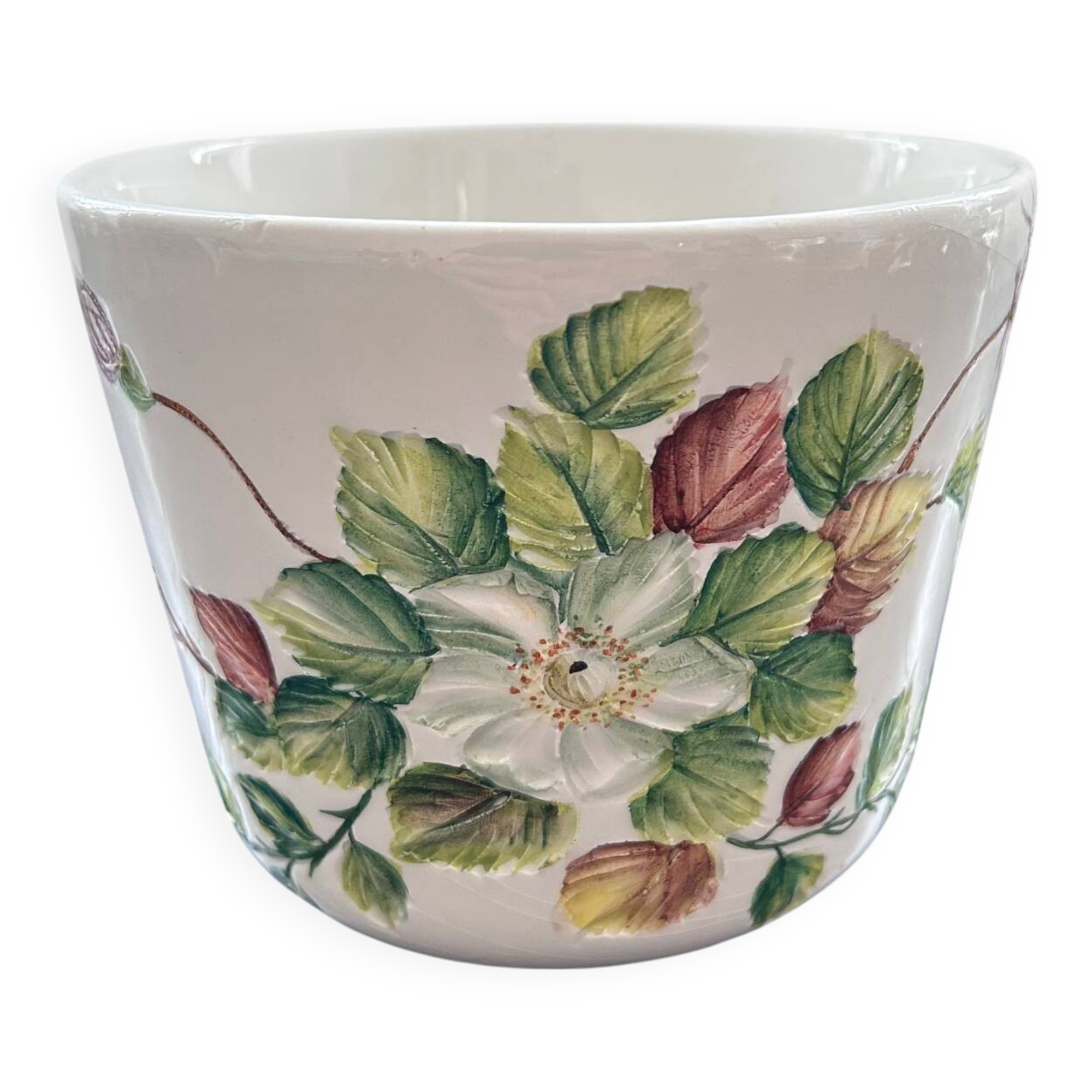 Flower pot with floral decoration in slip