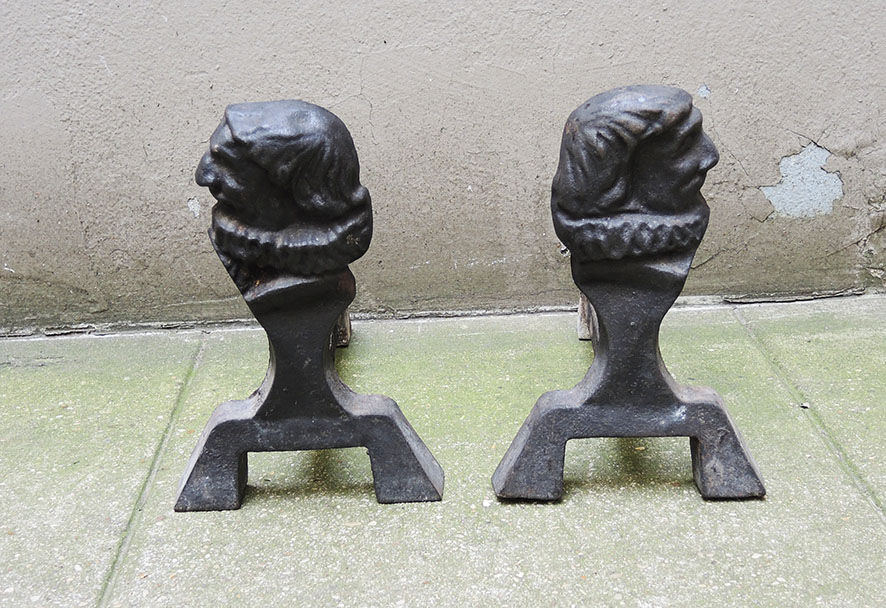 Old Cast Iron Chenets Profile of Man with Collerette