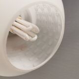Lamp in white glass with teak top. It is Danish and estimated from the 1970s-1980s.