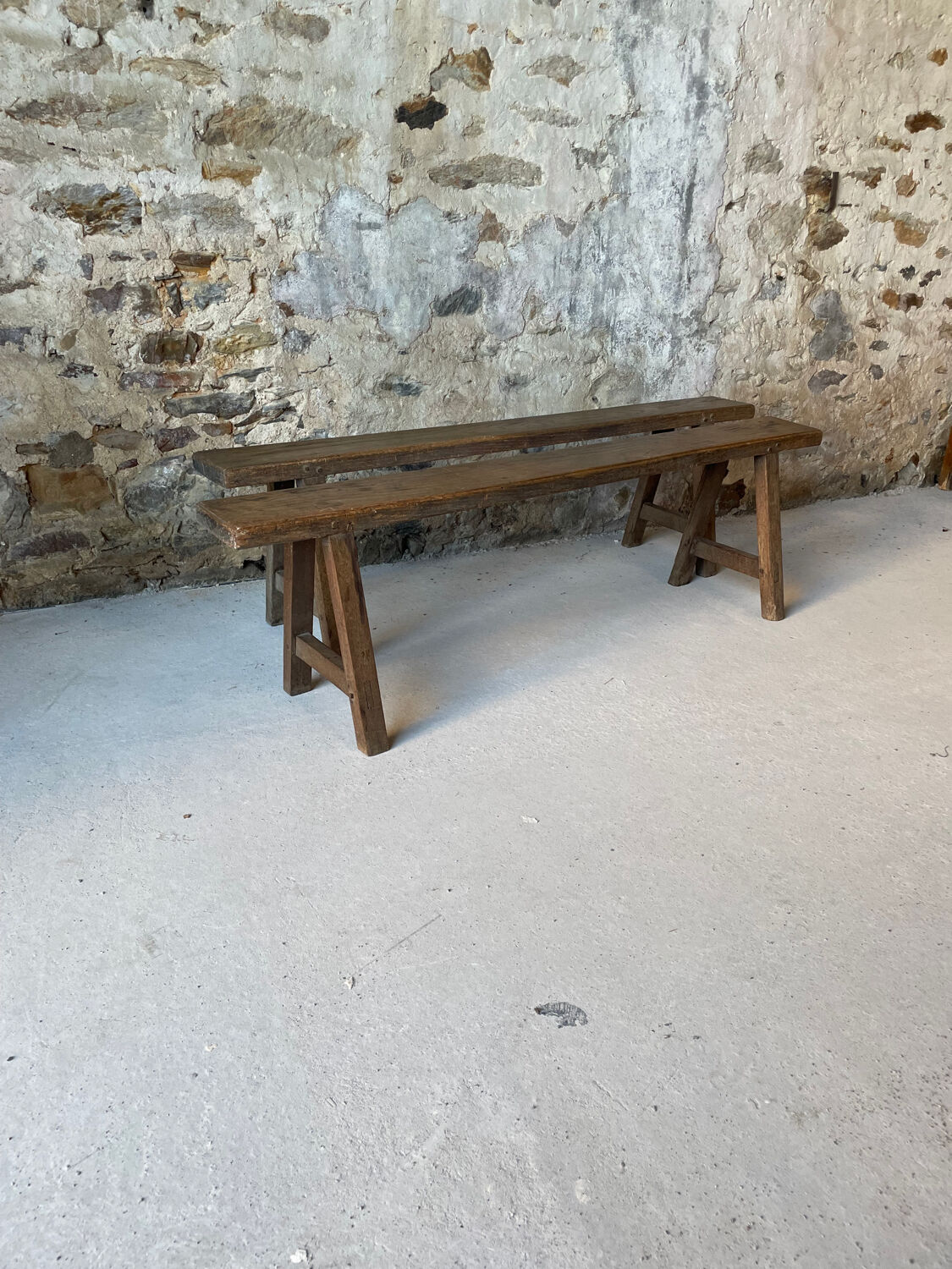 Pair of small antique solid wood benches
