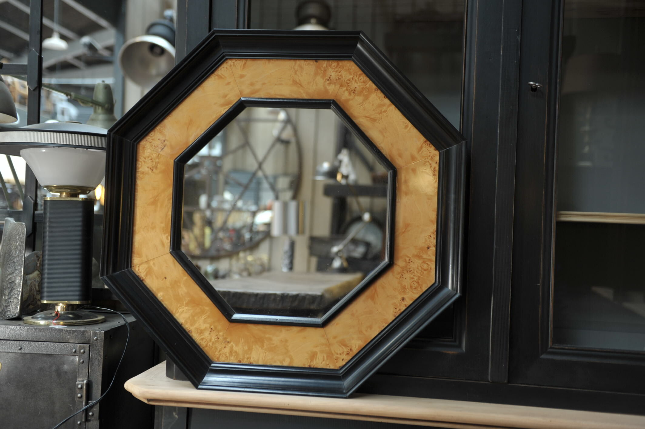 Octagonal vintage wooden mirror of the 1970s - 72cm