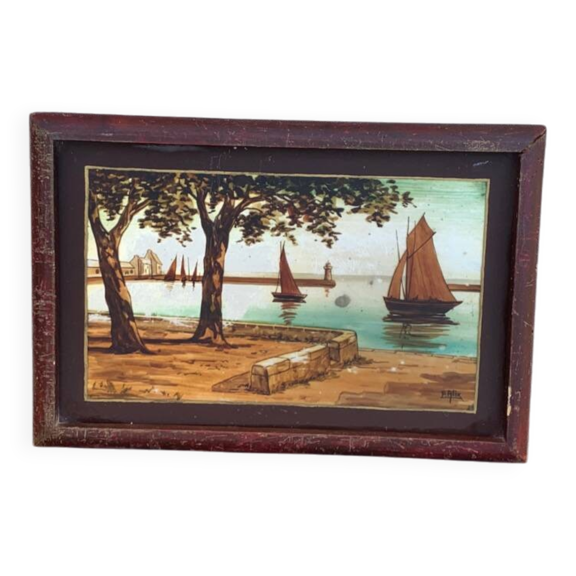 Marine painting, fixed on glass, signed P. Alix, art deco, old
