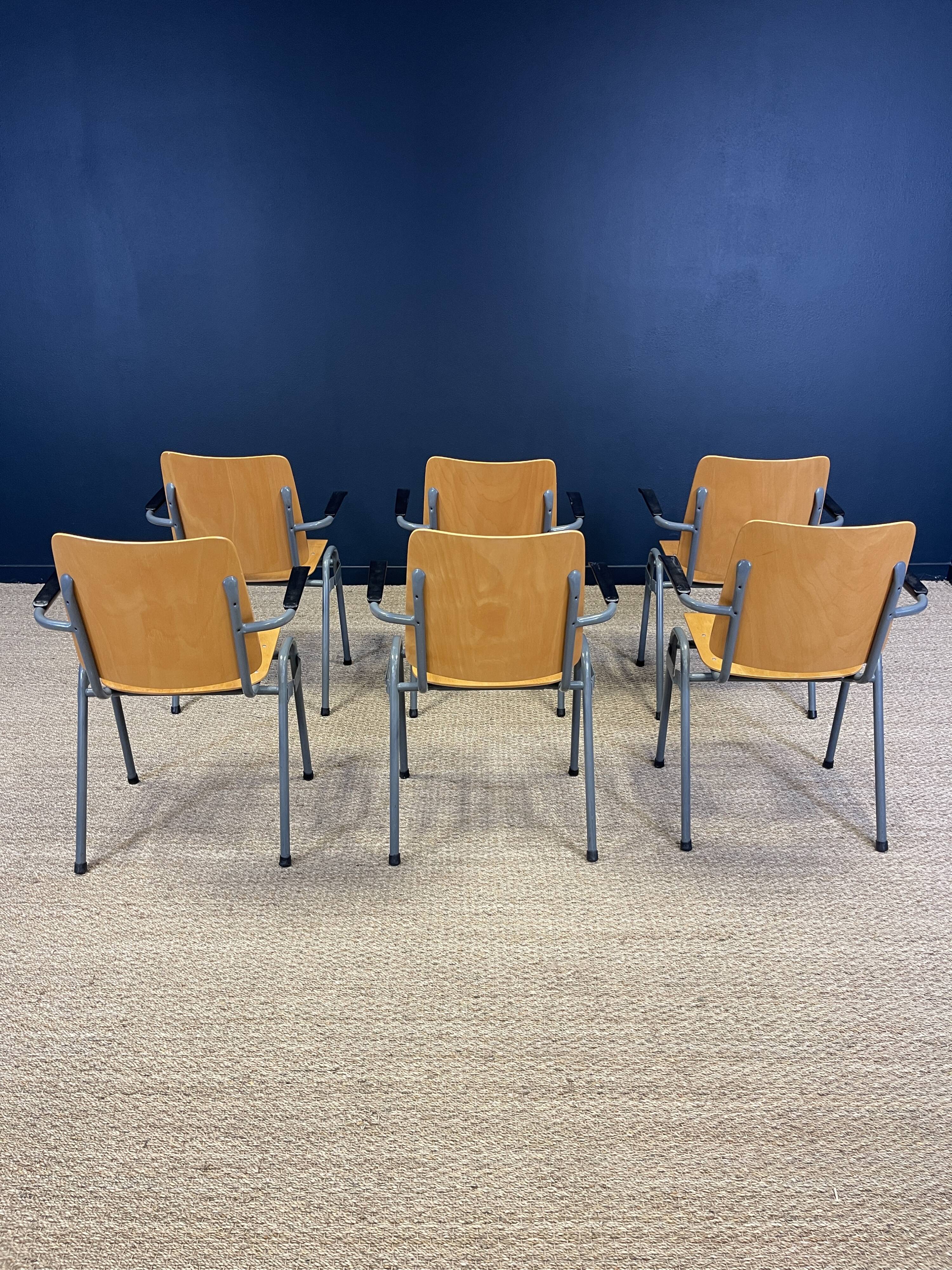 Set of 6 school armchairs with high wooden backs and anthracite grey legs, Netherlands