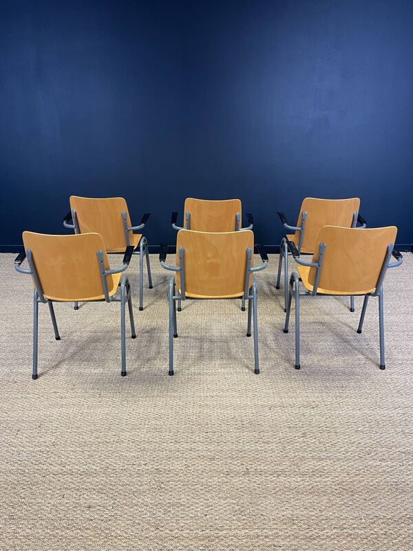 Lot de 6 fauteuils école dossier haut bois pieds gris anthracite Pays-Bas