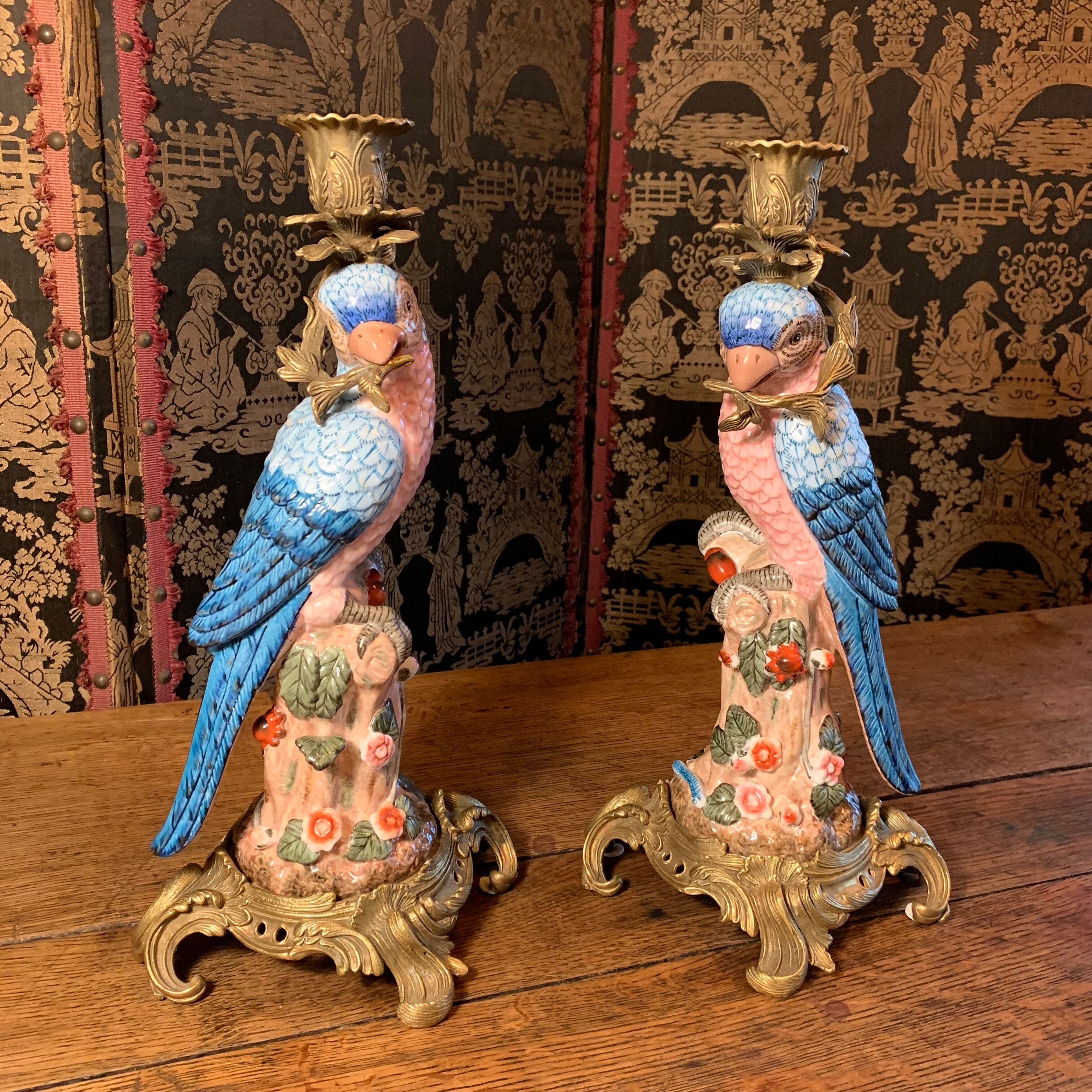 Pair of candle holders "Parrots"