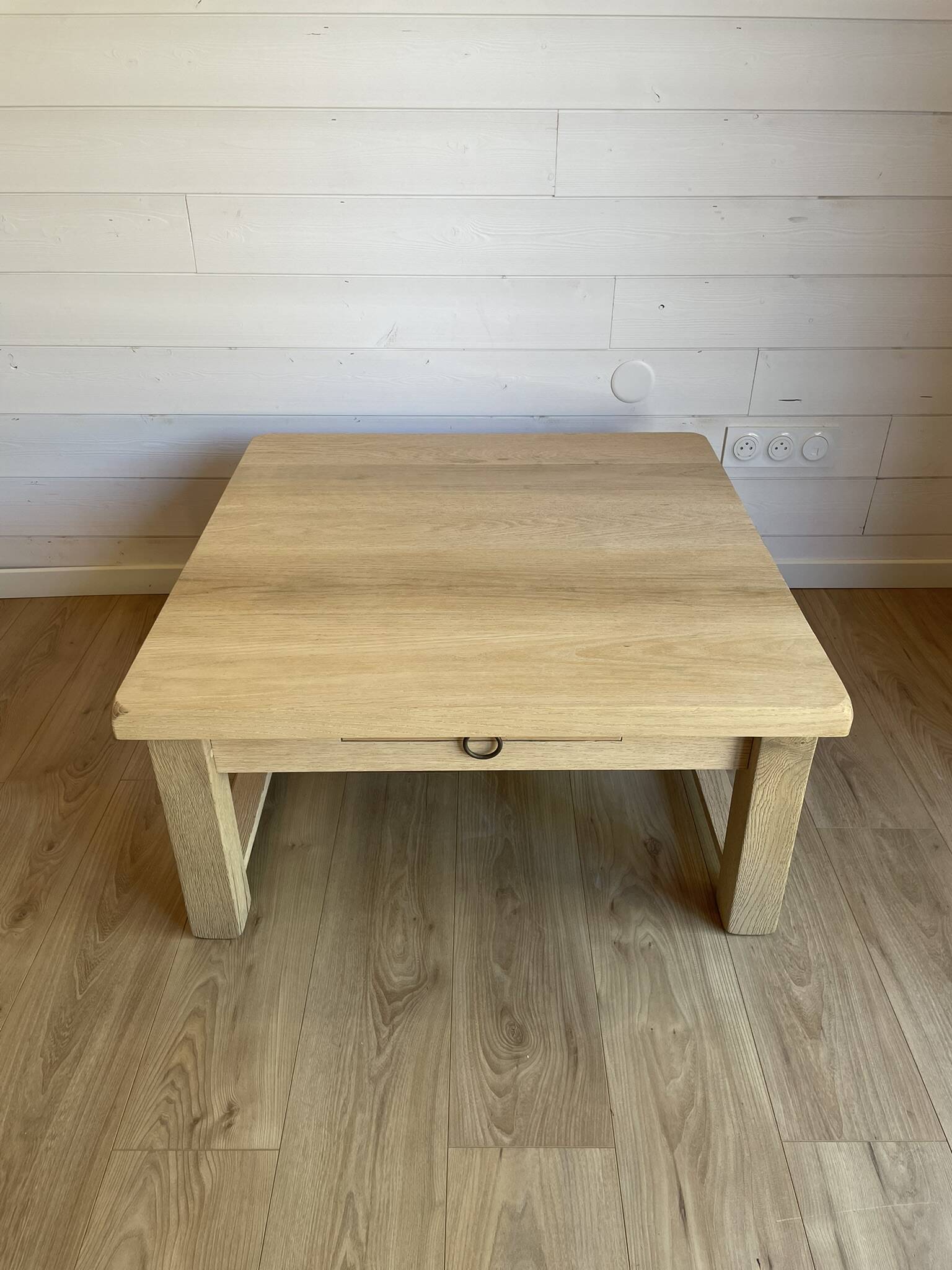 Large antique coffee table in sandblasted solid oak - Rustic chic style