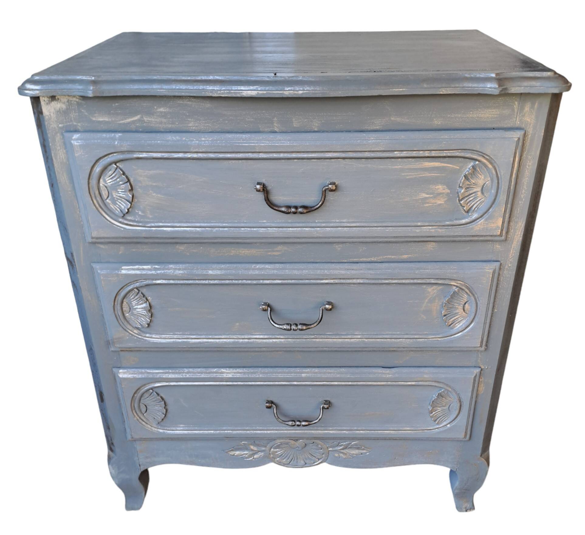 Solid wood chest of drawers painted gray and patinated silver 1940 with 3 drawers