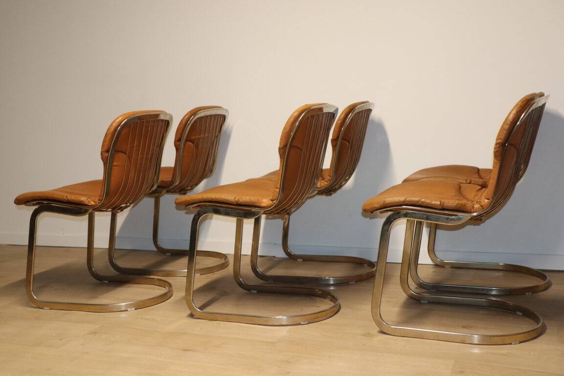 Series of 6 vintage Cidue Italy chairs in leather and metal, 1970s