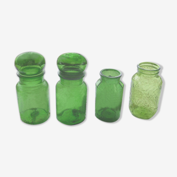 Lot de 4 bocaux en verre vert vintage 1970