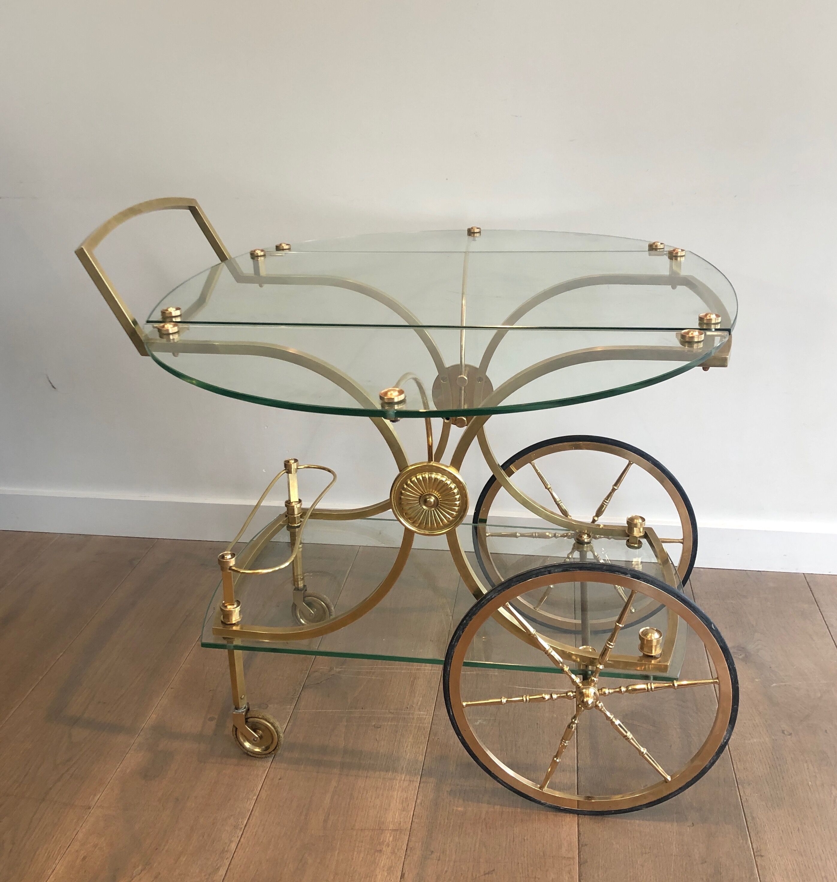 Neo classical style table in silver and gold metal and glass