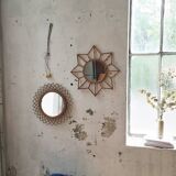 Vintage rattan mirror with rosette 50x50cm