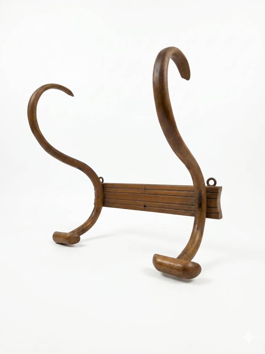 Curved wooden coat rack with 2 hooks, 1920s.