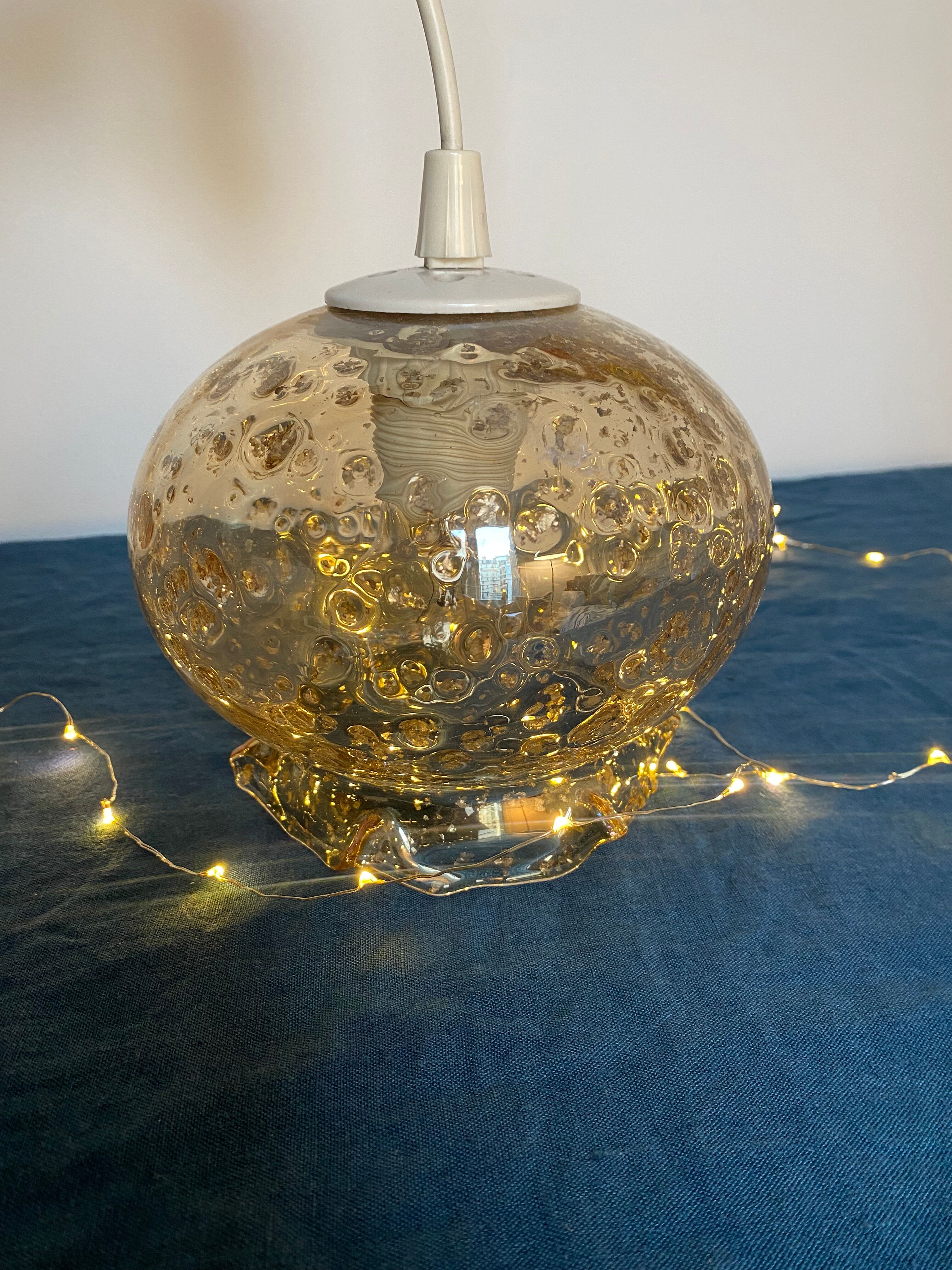Blown glass pendant lamp with bubbles - 70s
