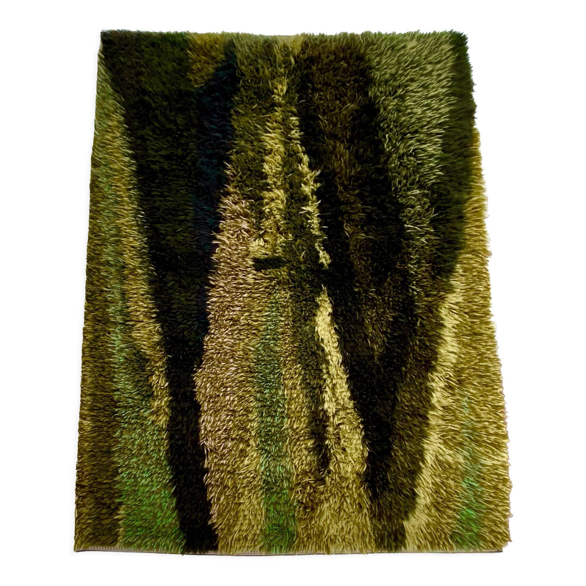 Green scandinavian modernist design wool rya rug woven handmade vintage 1960s