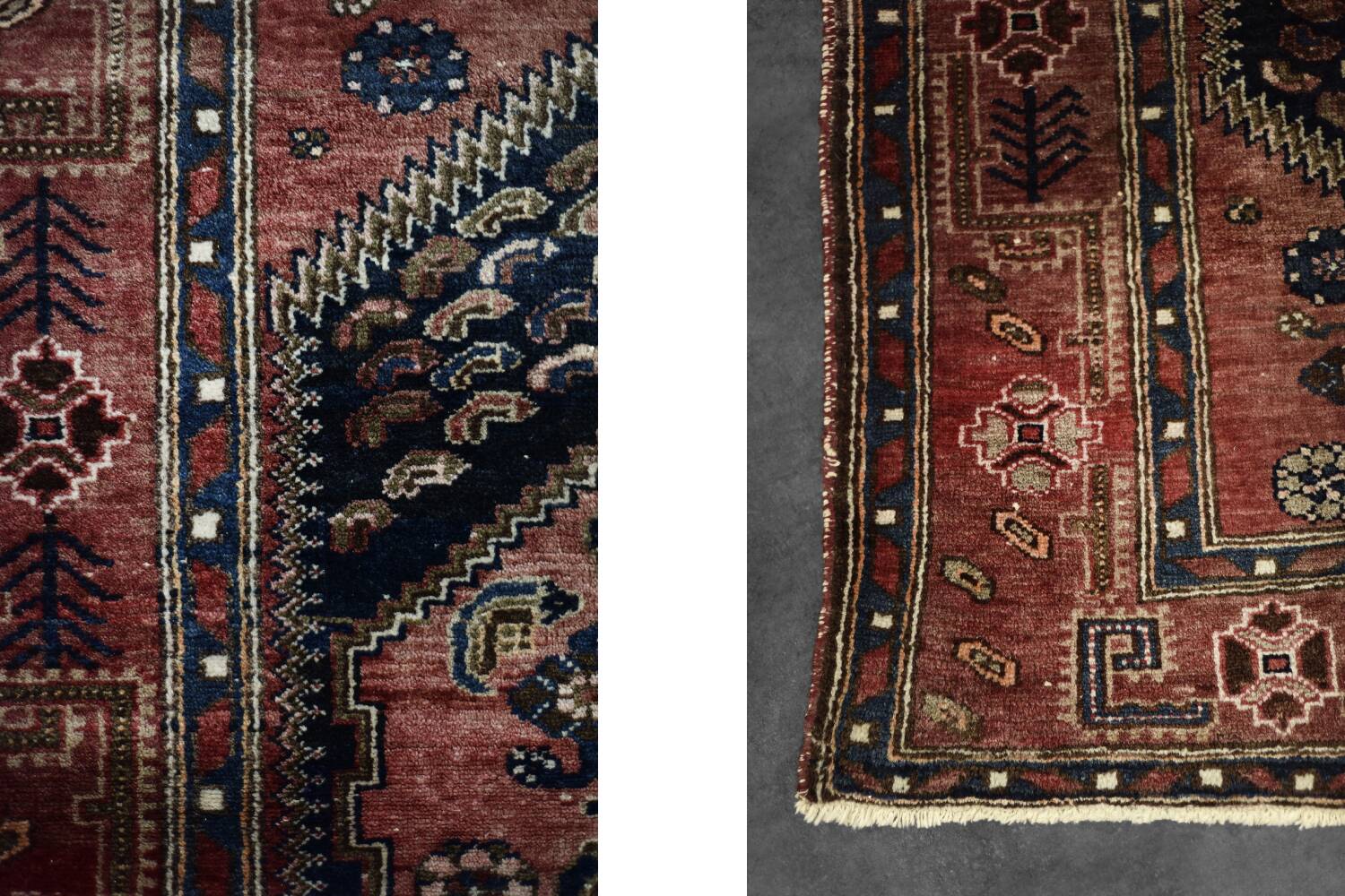 Vintage Hamadan Kamse oriental rug, handwoven in the Middle East, 1960s.