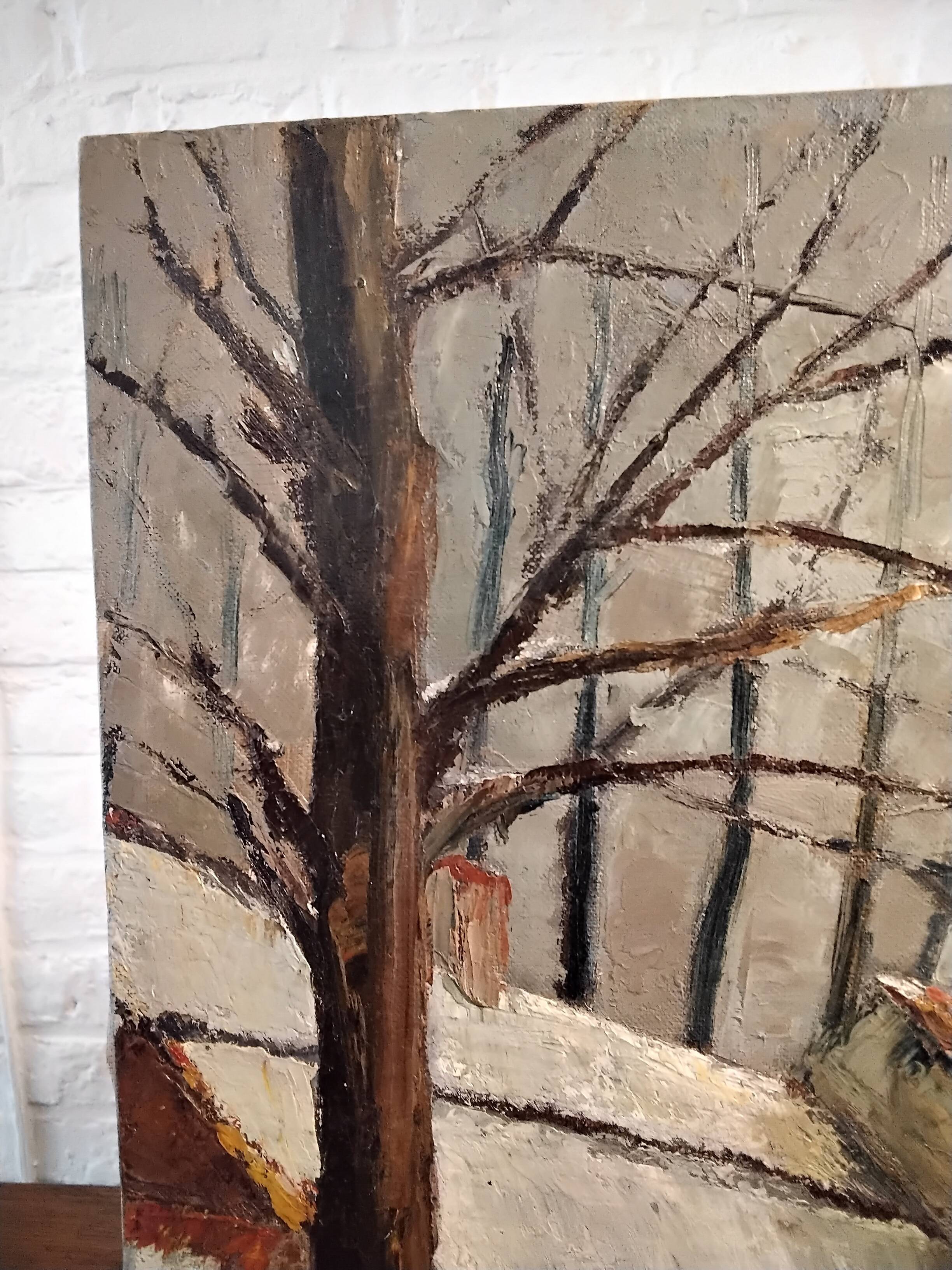 Oil on canvas landscape of a snowy cottage