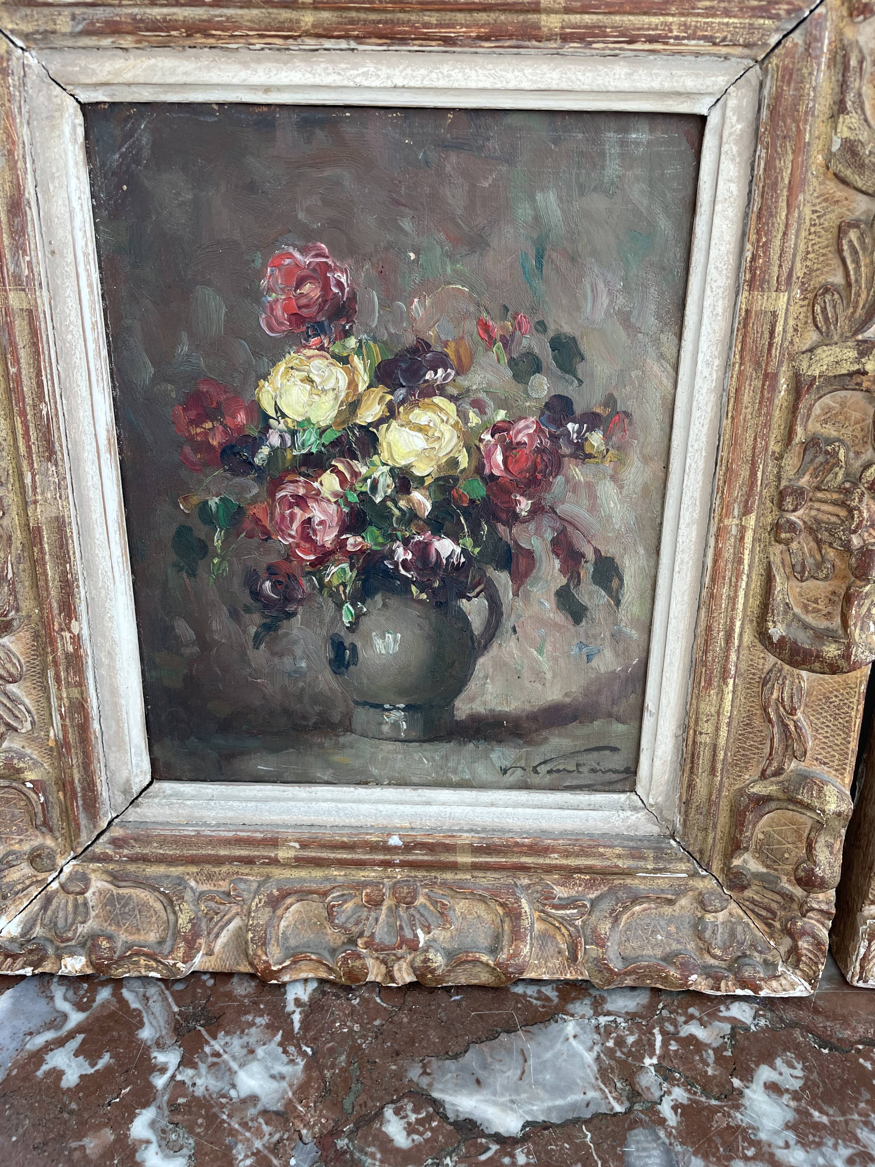 Pair, oil painting, 19th century, still life with bouquet of flowers, wooden frames, signed