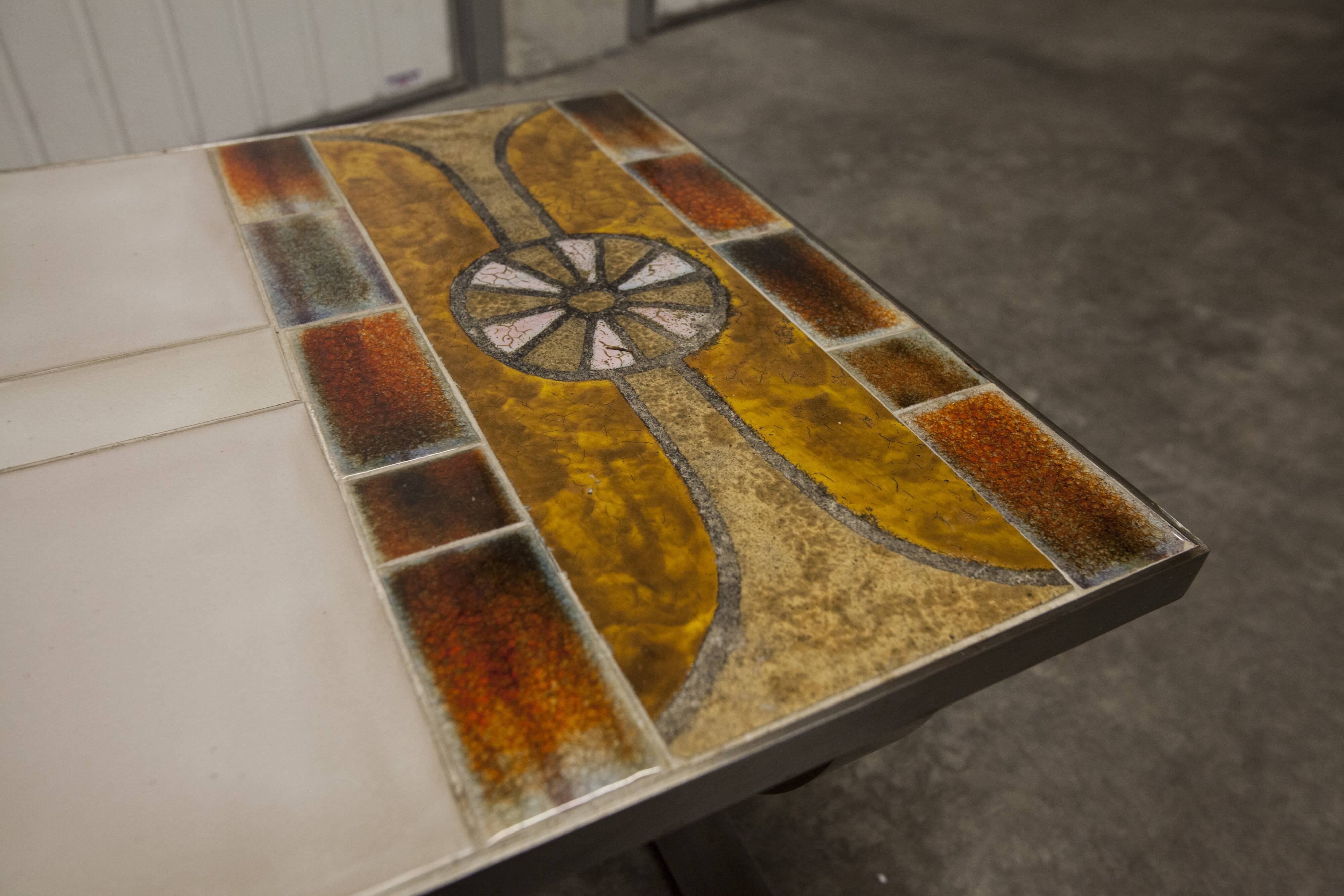 Ceramic coffee table and brushed steel Roche Bobois design Gregorieff 70s, 108x47cm