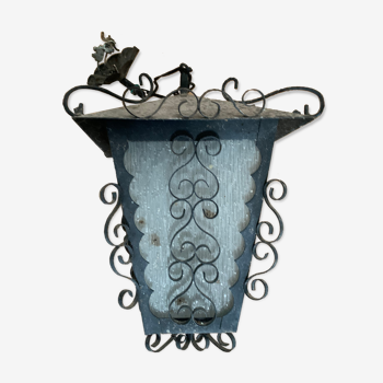 Wrought iron exterior lamp and glass lantern