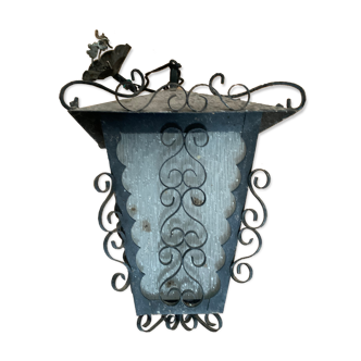 Wrought iron exterior lamp and glass lantern